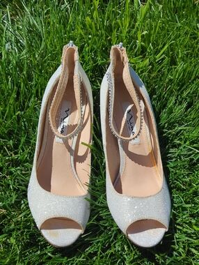 Women's Sparkle Peep-Toe Ankle Strap Heels - Silver